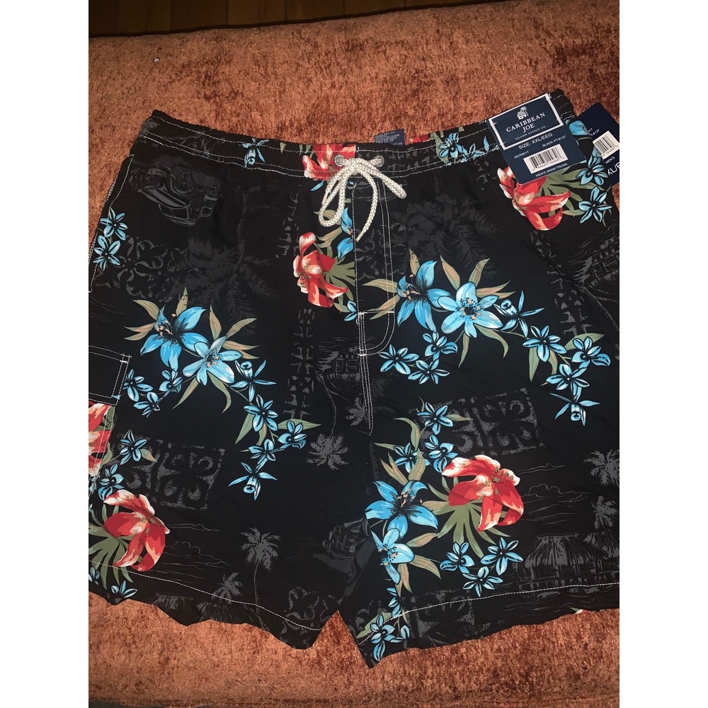 Caribbean Joe Mens 2XL black floral‎ swim trunks